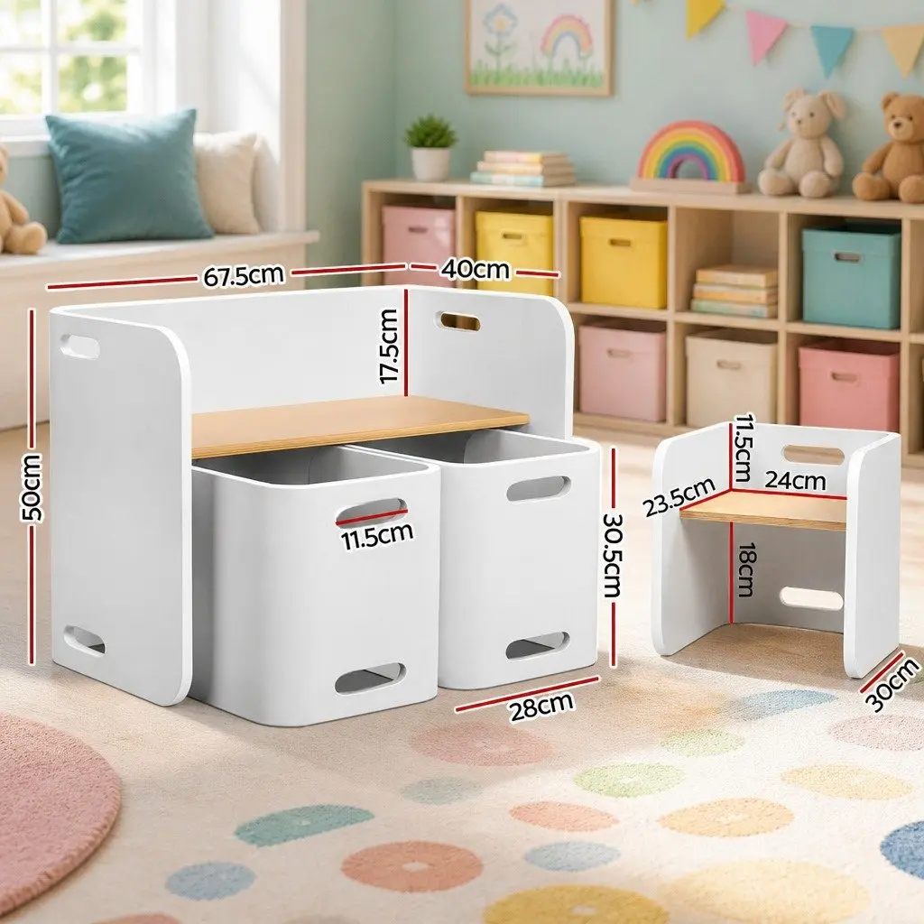 Kids Table and Chairs Set White Nature 3-Piece Multifunctional Storage Desk
