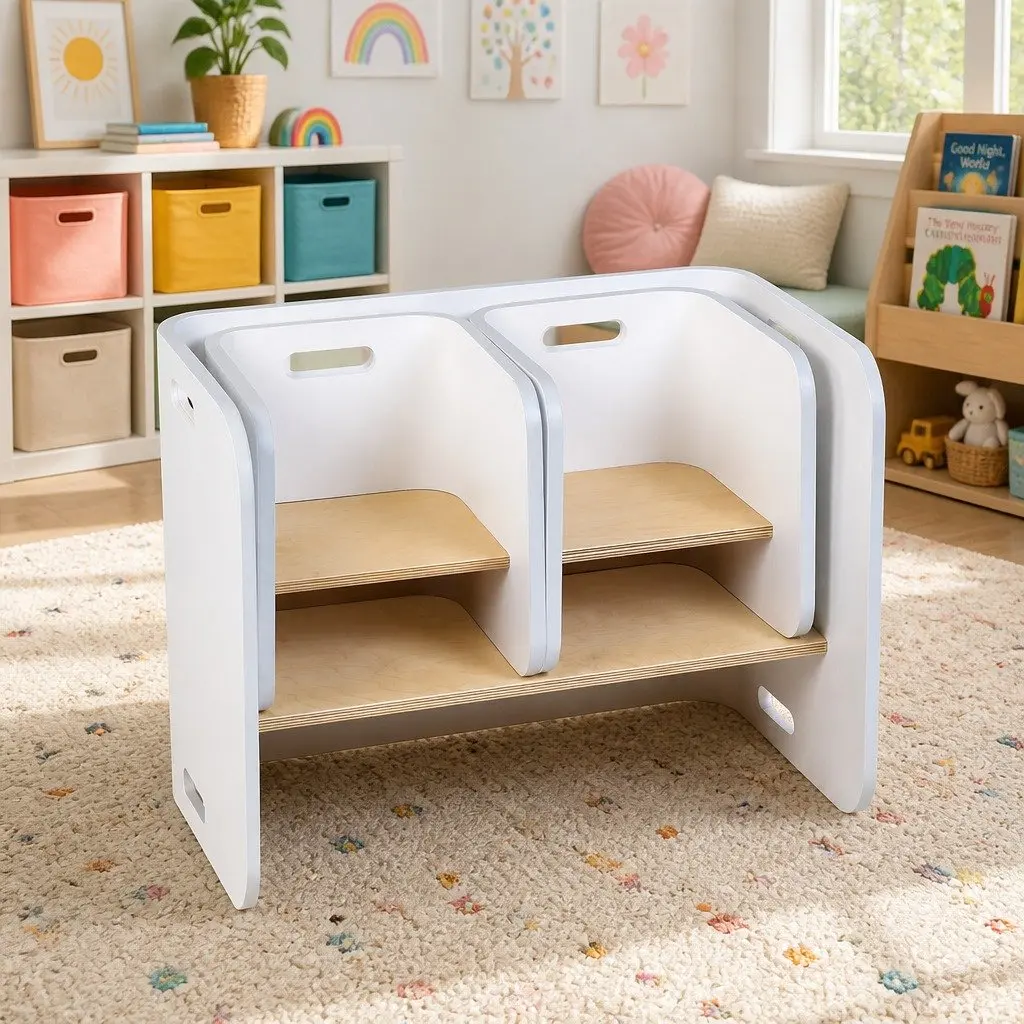 Kids Table and Chairs Set White Nature 3-Piece Multifunctional Storage Desk