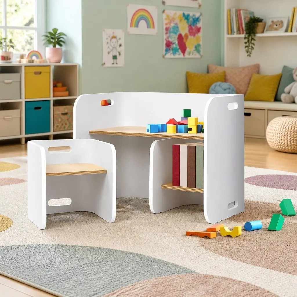 Kids Table and Chairs Set White Nature 3-Piece Multifunctional Storage Desk