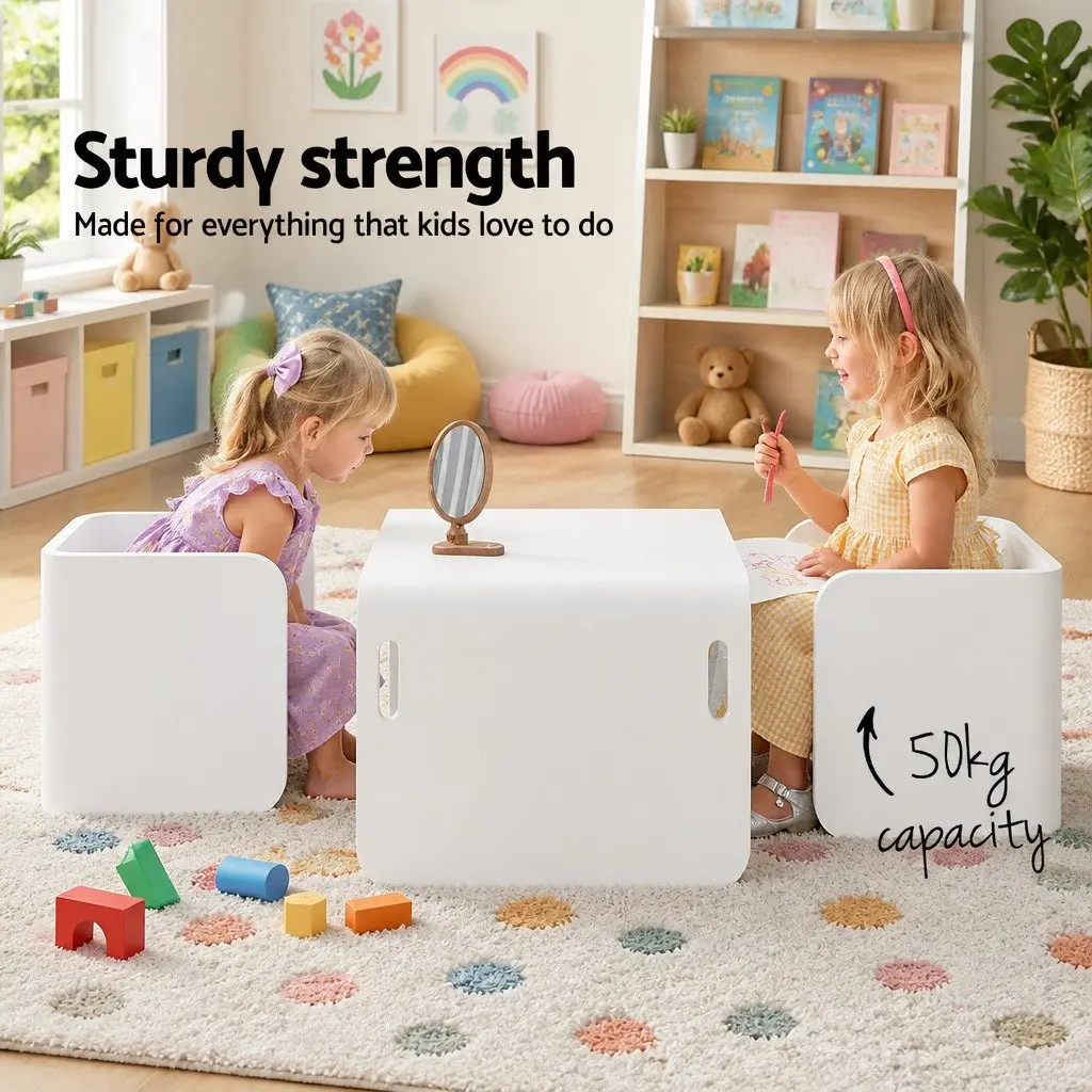 Kids Table and Chairs Set White Nature 3-Piece Multifunctional Storage Desk