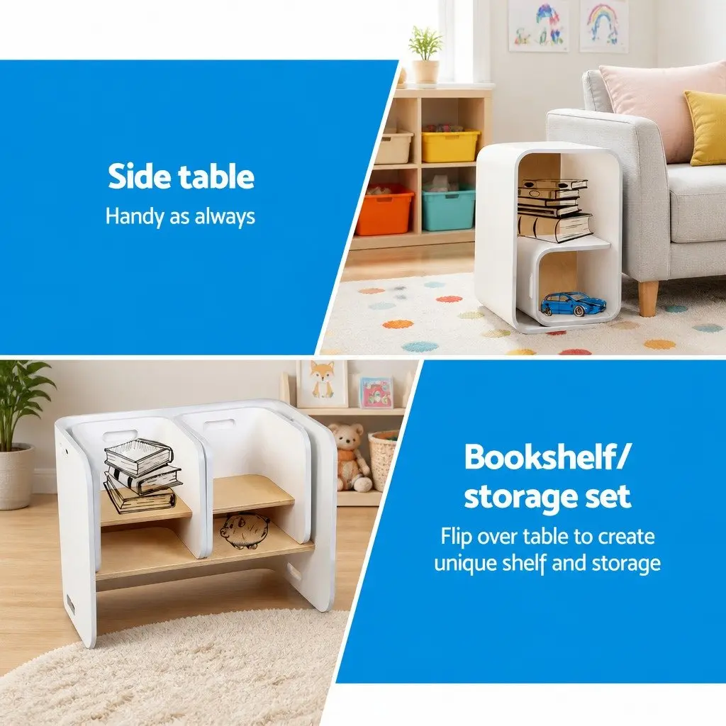 Kids Table and Chairs Set White Nature 3-Piece Multifunctional Storage Desk