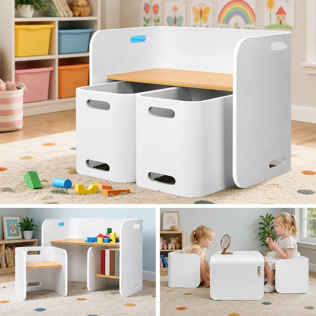 Kids Table and Chairs Set White Nature 3-Piece Multifunctional Storage Desk