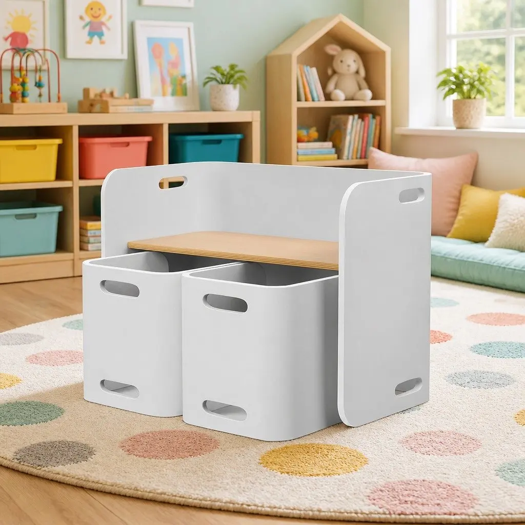 Kids Table and Chairs Set White Nature 3-Piece Multifunctional Storage Desk