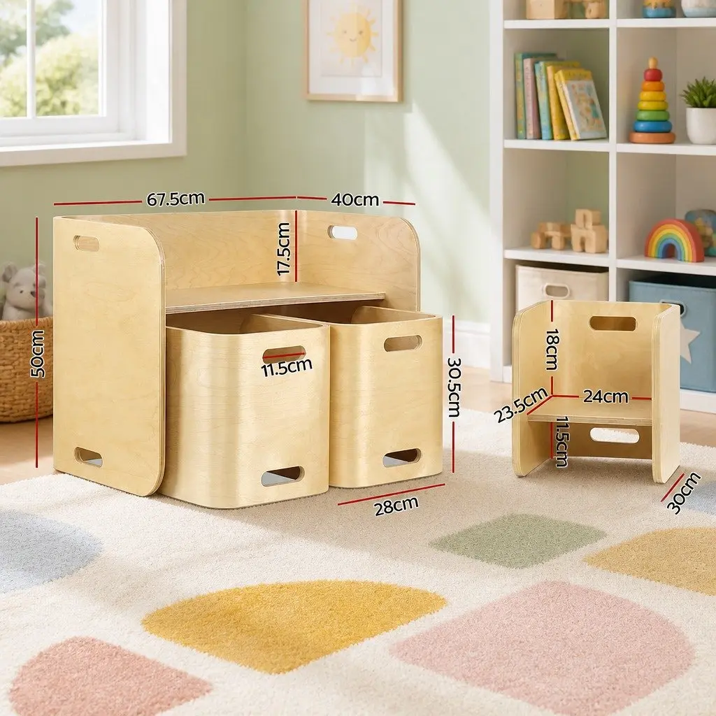 Kids Table and Chairs Set Natural 3 Piece Multifunctional Storage Furniture