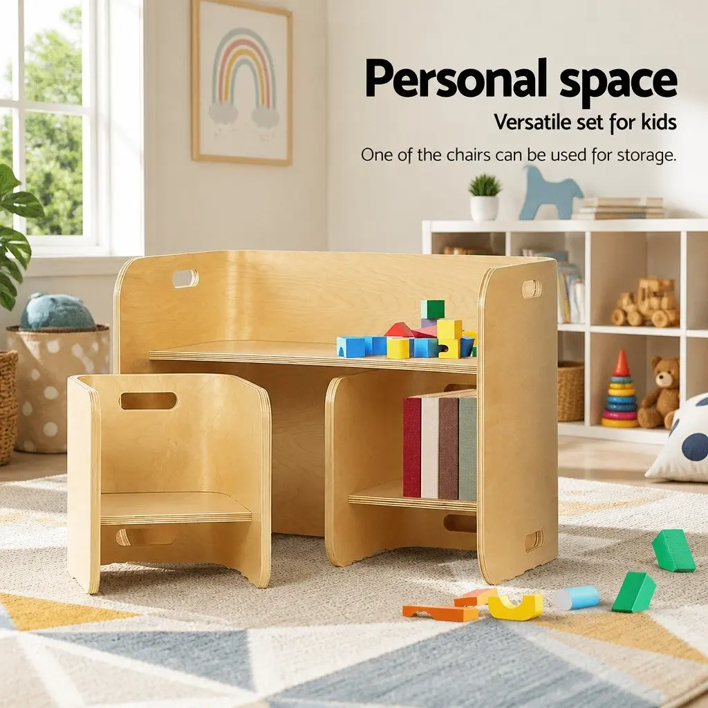 Kids Table and Chairs Set Natural 3 Piece Multifunctional Storage Furniture