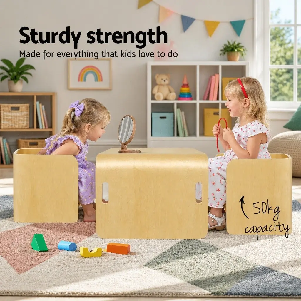 Kids Table and Chairs Set Natural 3 Piece Multifunctional Storage Furniture