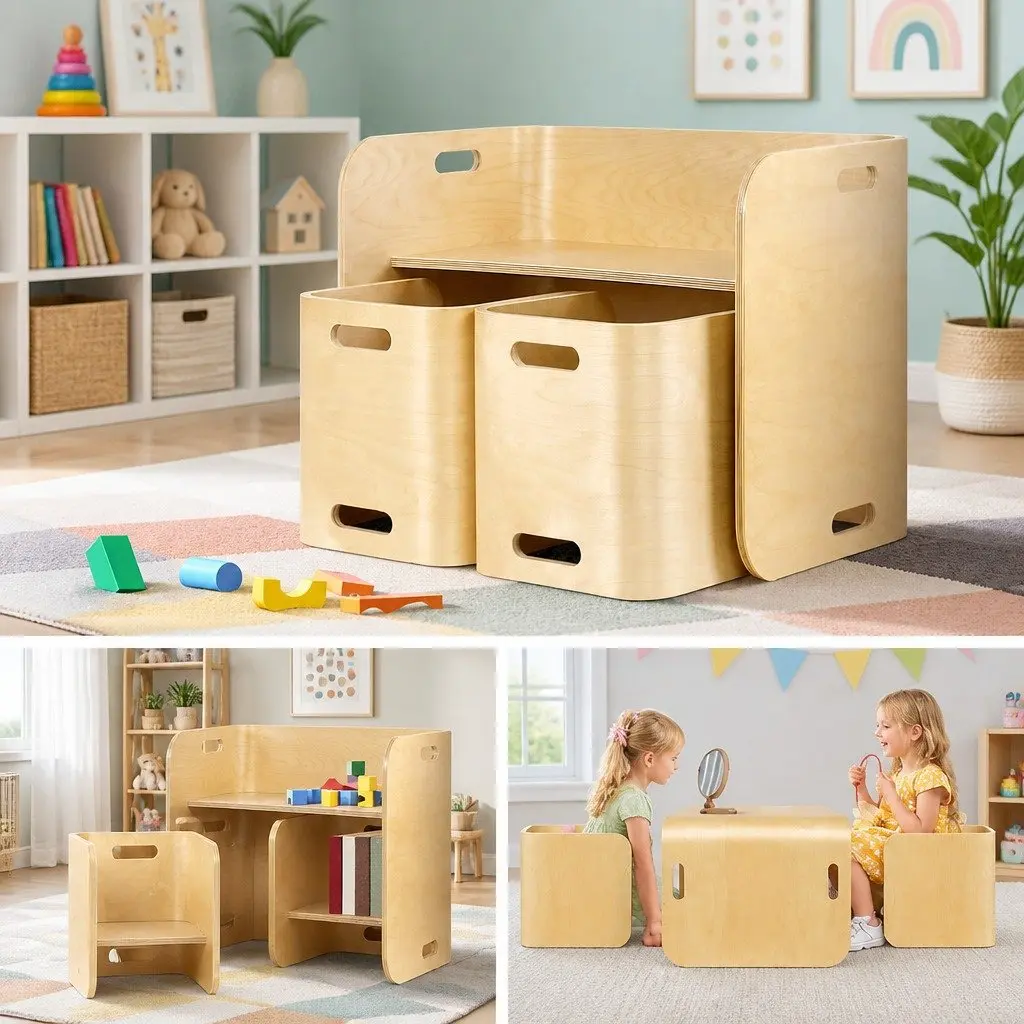 Kids Table and Chairs Set Natural 3 Piece Multifunctional Storage Furniture