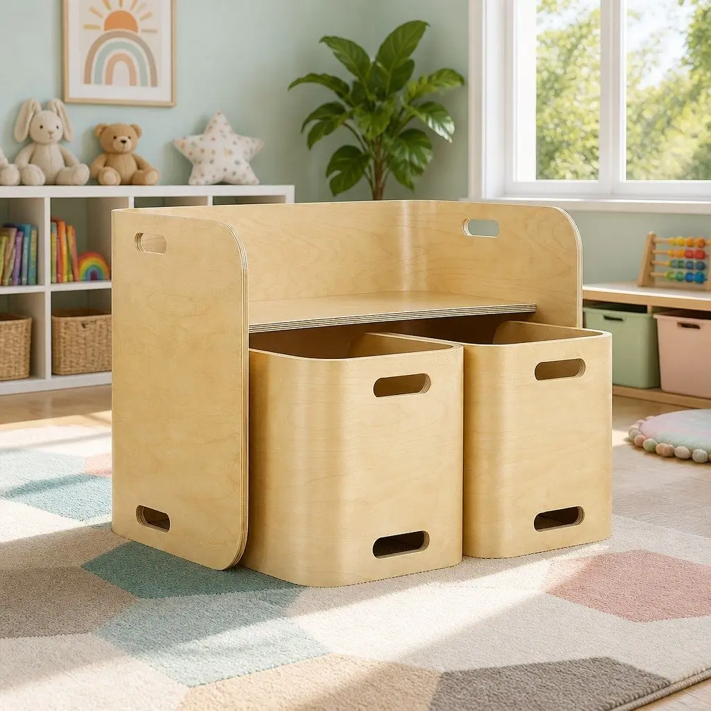 Kids Table and Chairs Set Natural 3 Piece Multifunctional Storage Furniture