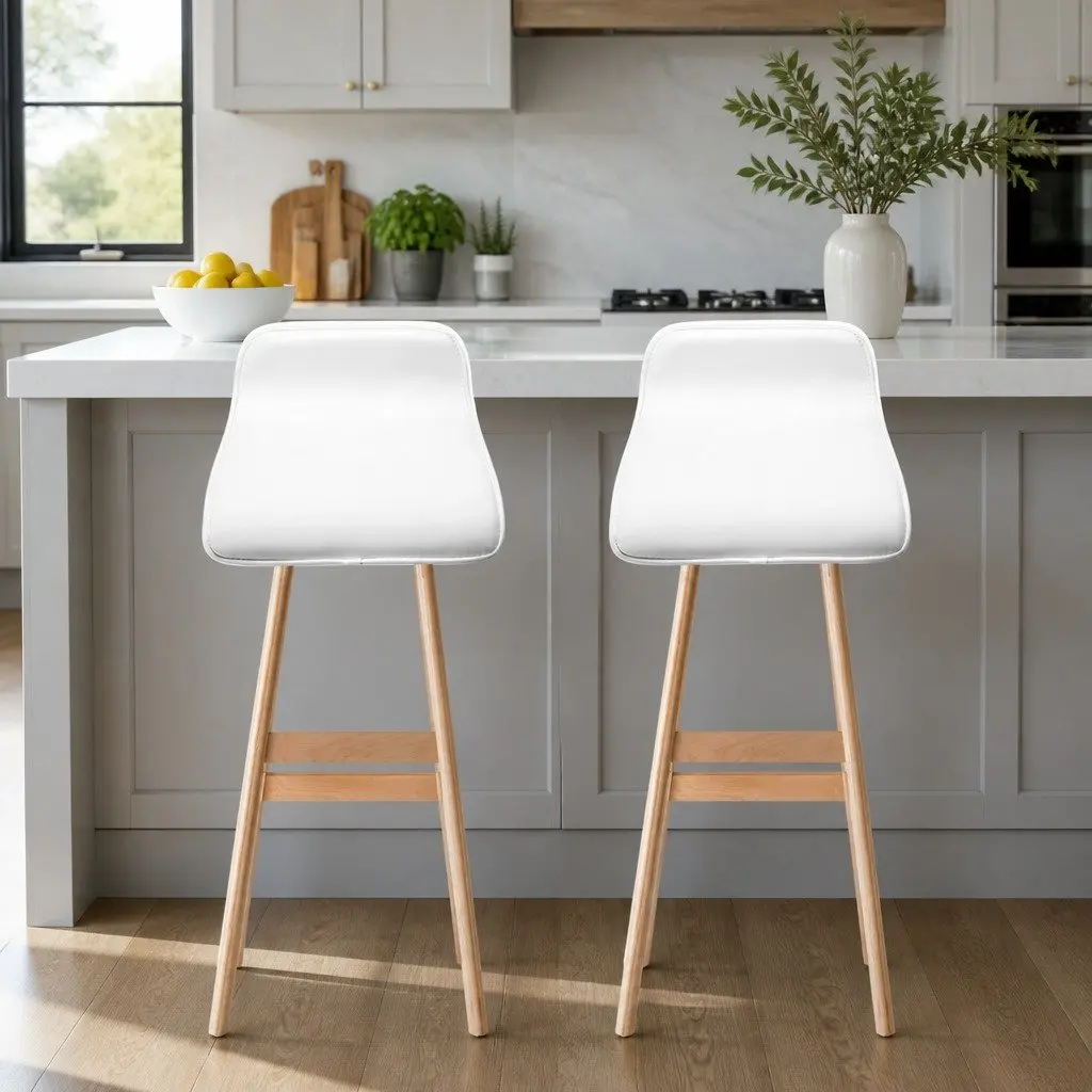 Wooden Bar Stools Set of 2 White PU Leather Padded Seat Bentwood Frame