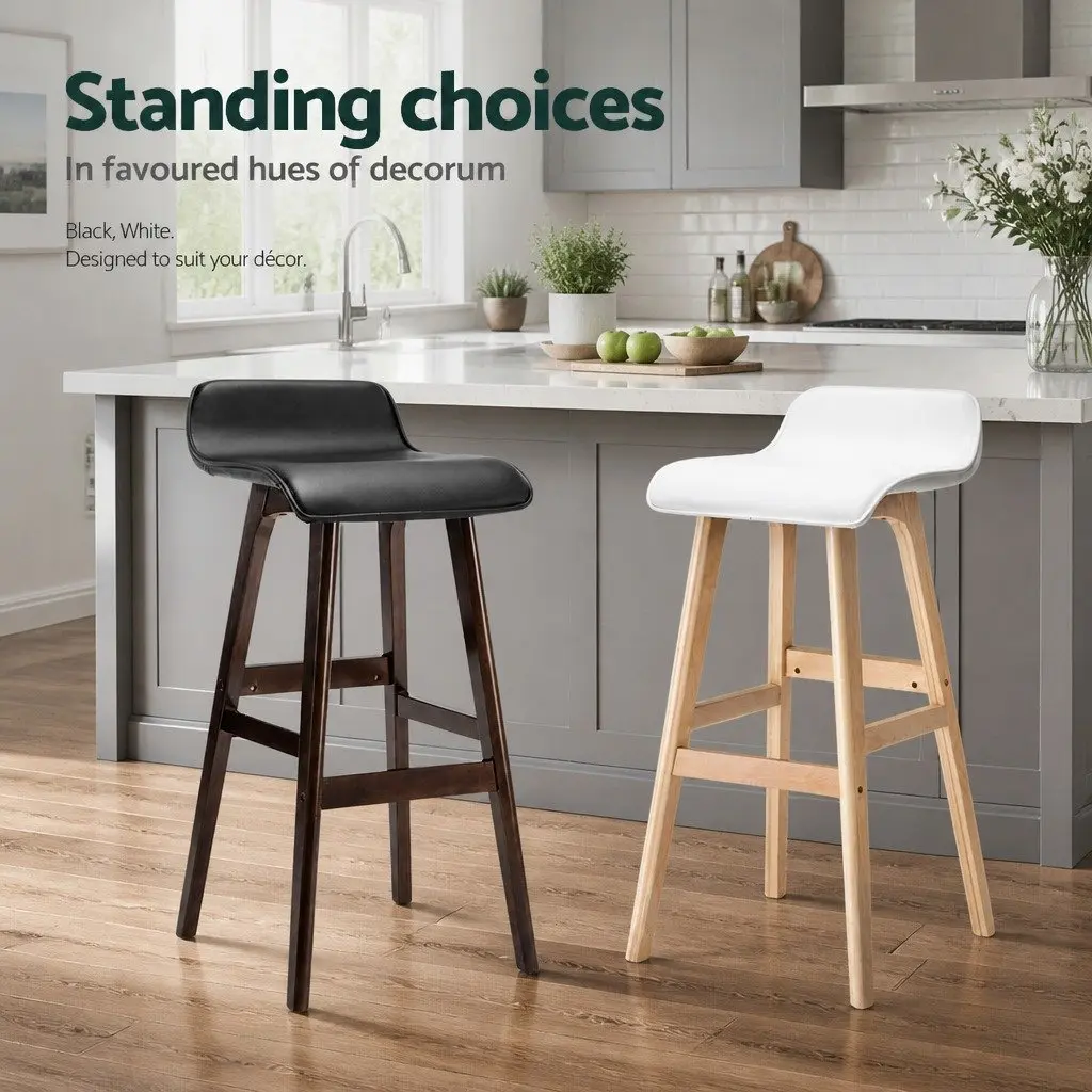 Wooden Bar Stools Set of 2 White PU Leather Padded Seat Bentwood Frame