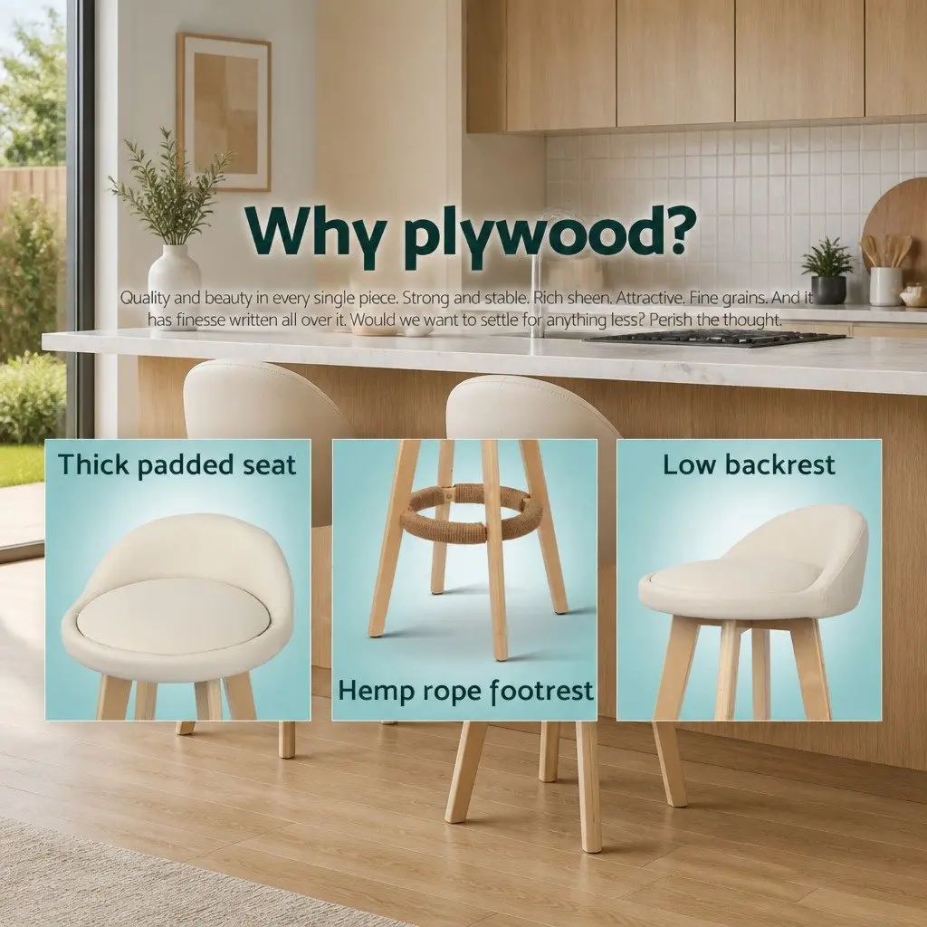 Bar Stools Set of 4 Padded Seat Wooden Frame Beige Dining Kitchen Counter Height