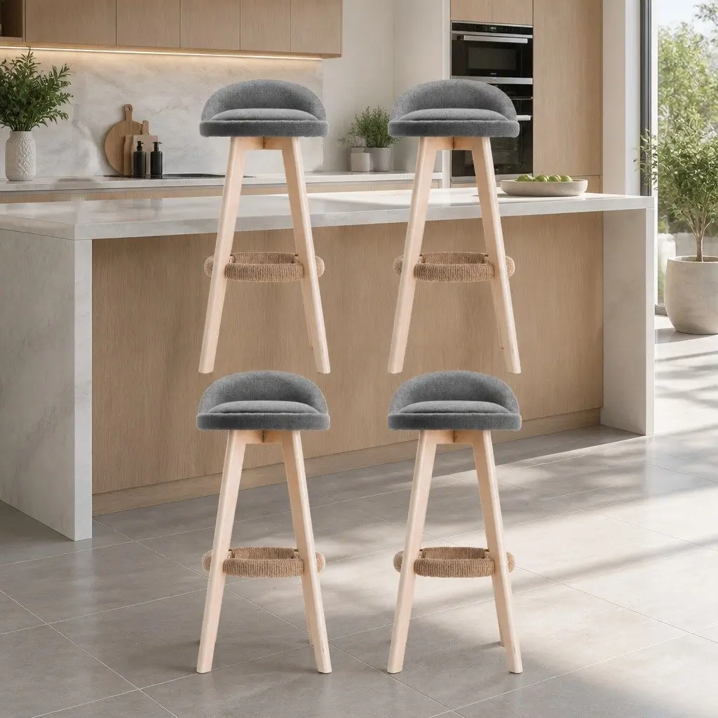 Bar Stools Grey Padded Linen Seat Bentwood Frame 360 Degree Rotatable Low Backrest