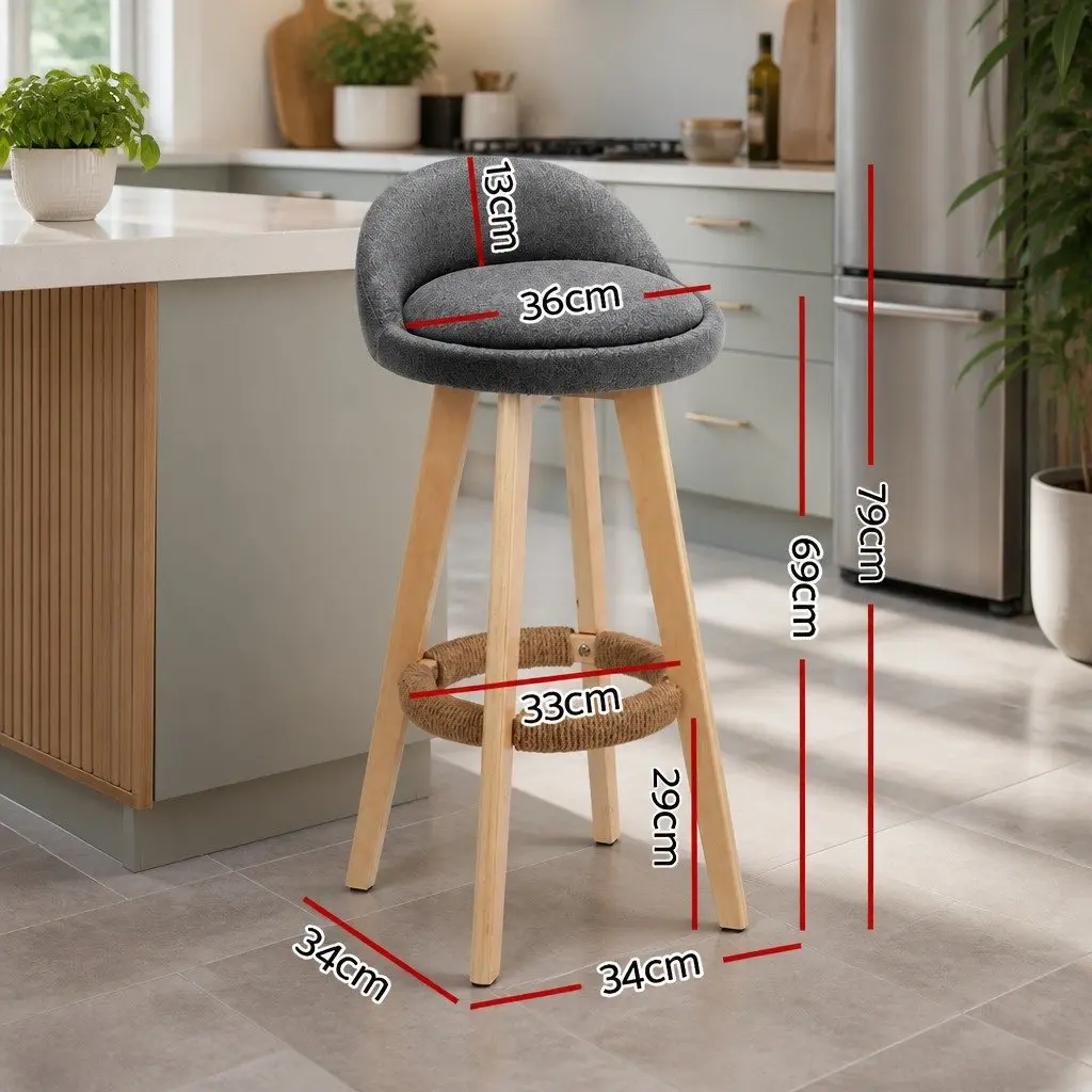 Bar Stools Grey Padded Linen Seat Bentwood Frame 360 Degree Rotatable Low Backrest