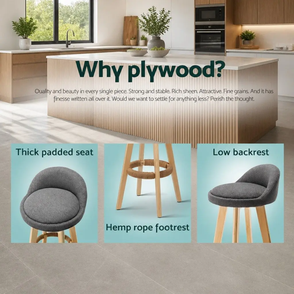 Bar Stools Grey Padded Linen Seat Bentwood Frame 360 Degree Rotatable Low Backrest