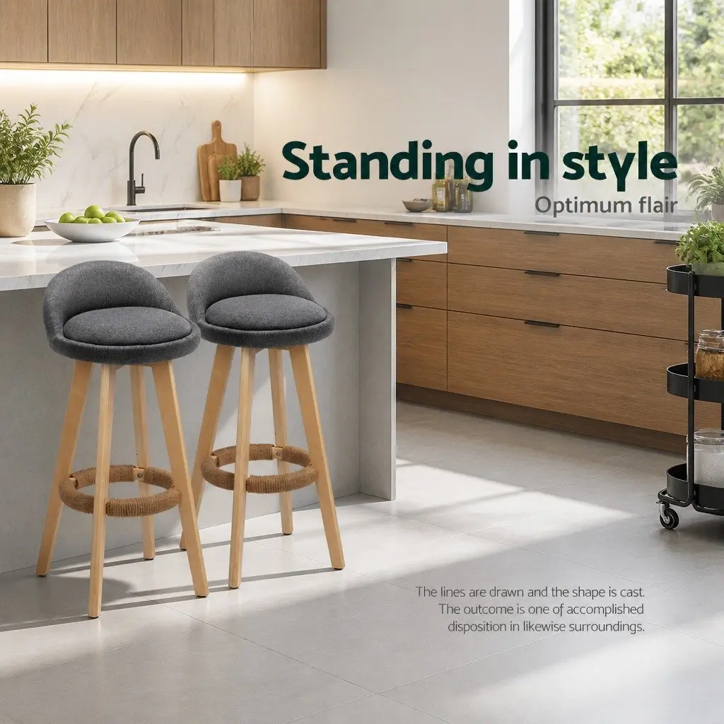 Bar Stools Grey Padded Linen Seat Bentwood Frame 360 Degree Rotatable Low Backrest