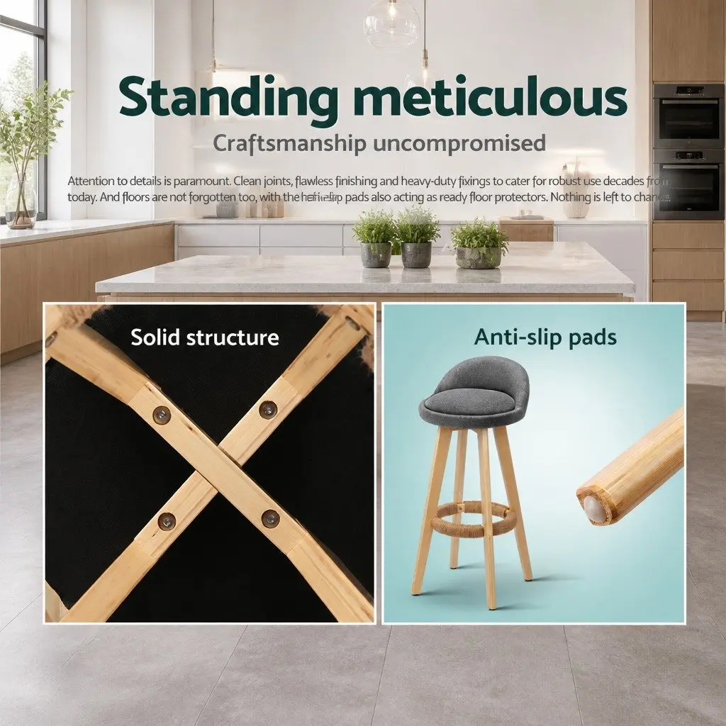 Bar Stools Grey Padded Linen Seat Bentwood Frame 360 Degree Rotatable Low Backrest