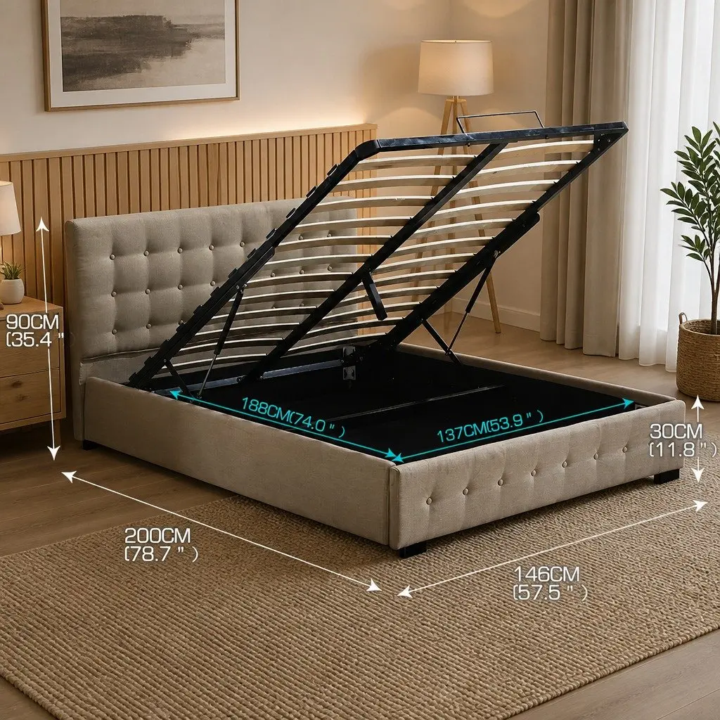 Fabric Bed Frame Double Gas Lift Storage Beige Upholstered Bedroom Furniture