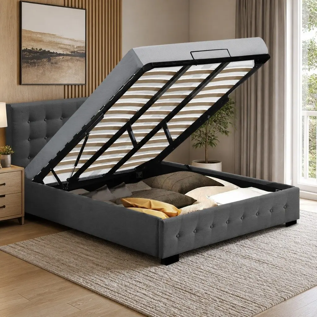 King Bed Frame Upholstered Fabric Tufted Dark Grey Gas Lift Storage Wooden