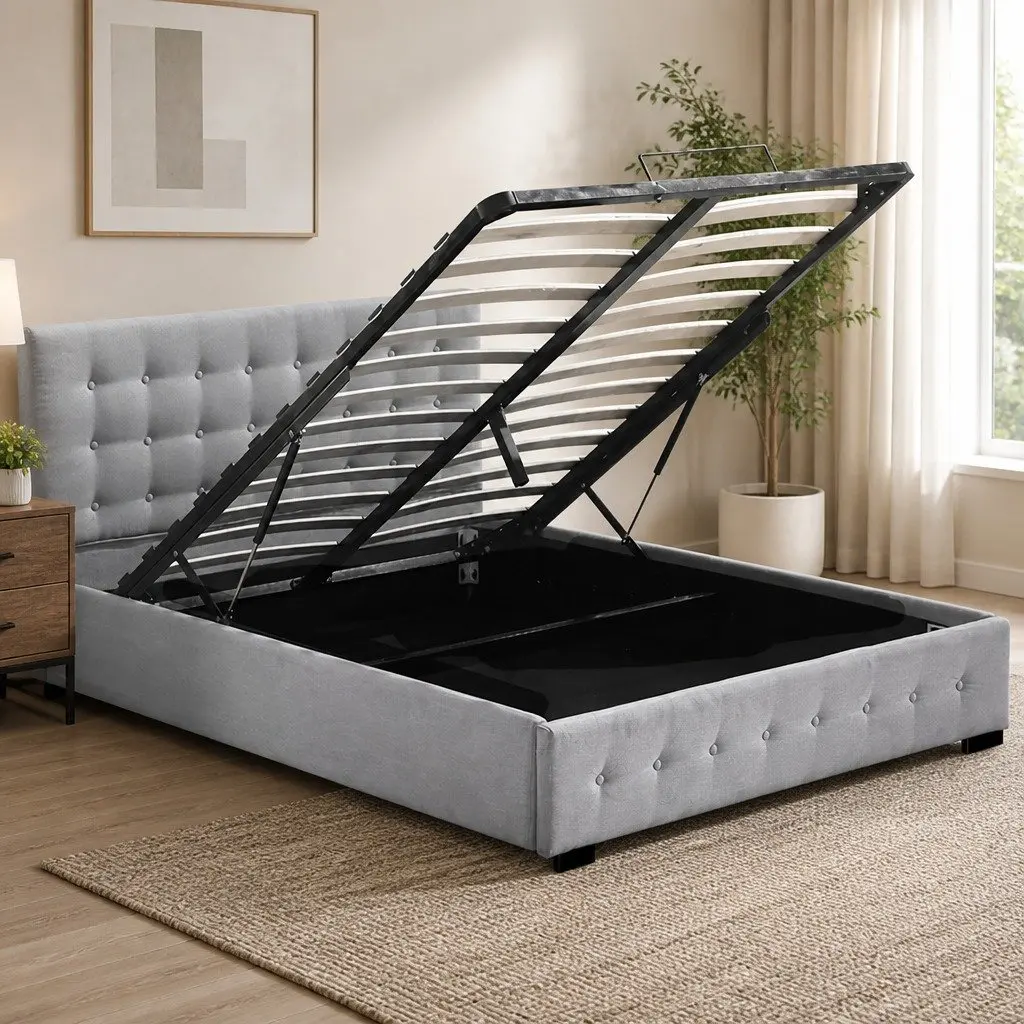Queen Bed Frame Fabric Upholstered Tufted Grey Gas Lift Storage Wooden Arched