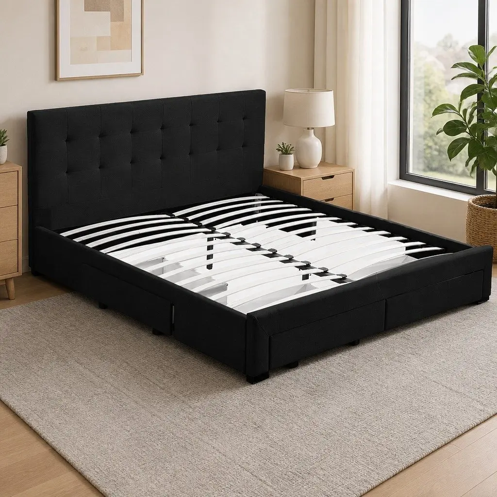 Queen Bed Frame Upholstered Storage Drawers Dark Grey Bedroom Furniture