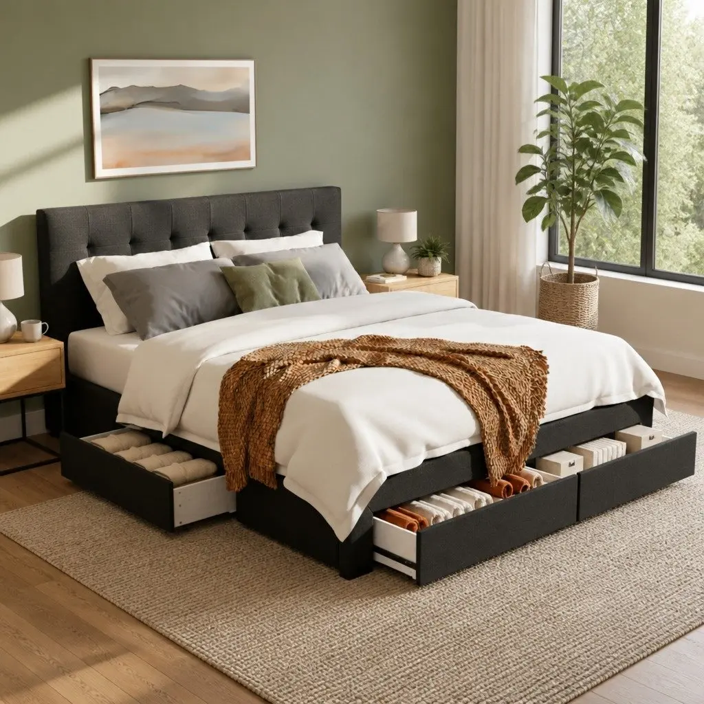 Queen Bed Frame Upholstered Storage Drawers Dark Grey Bedroom Furniture