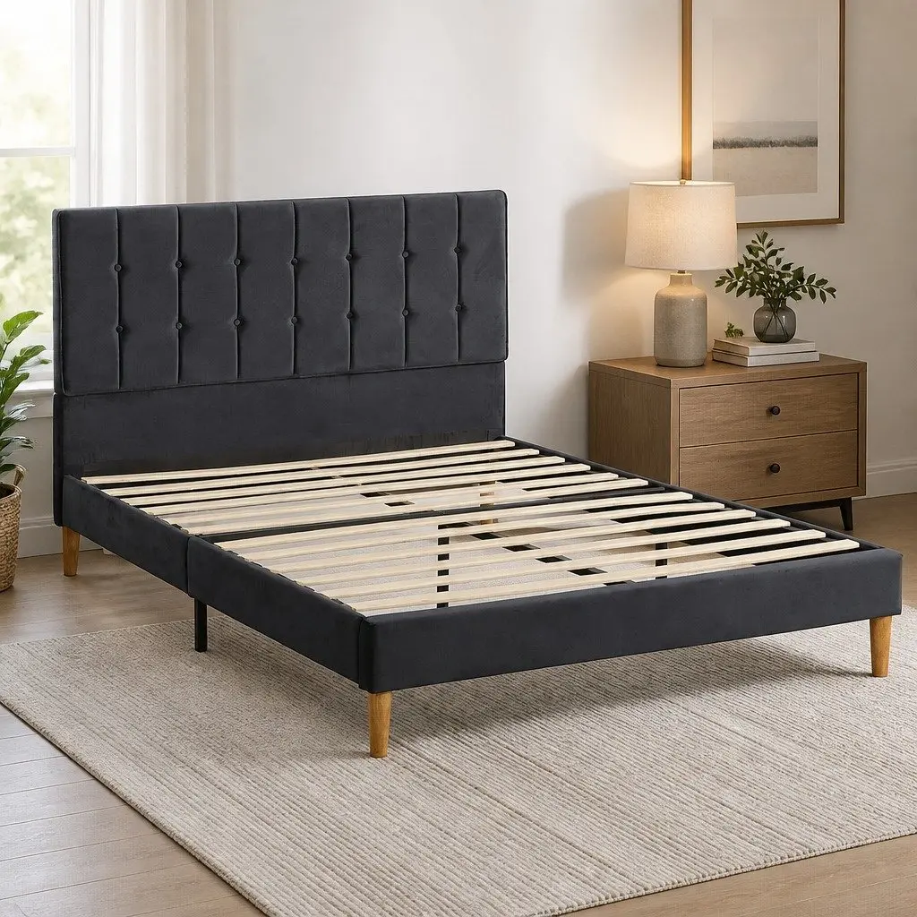 Double Bed Frame with Velvet Headboard