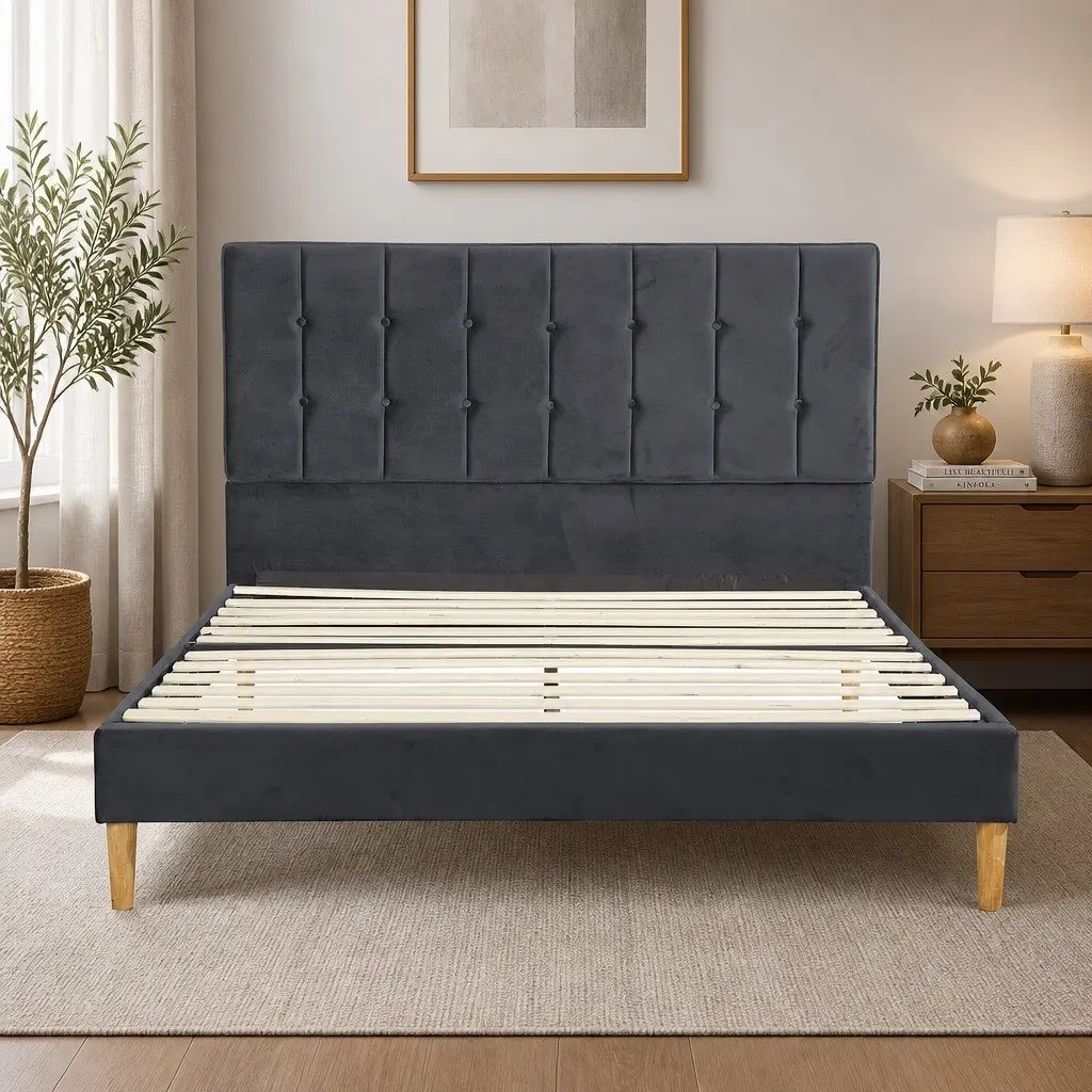 Double Bed Frame with Velvet Headboard