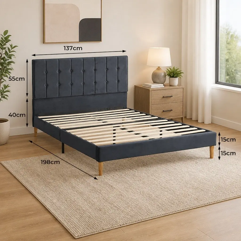 Double Bed Frame with Velvet Headboard