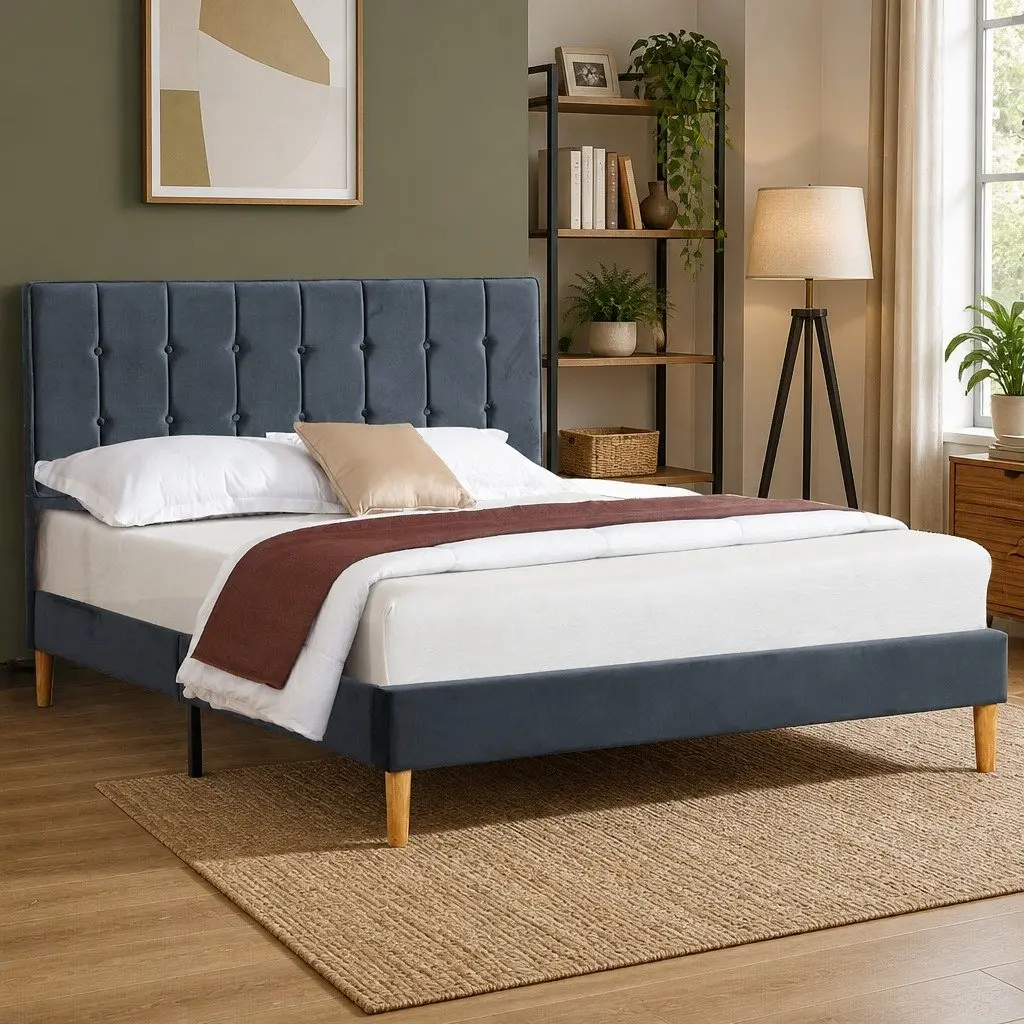 Double Bed Frame with Velvet Headboard