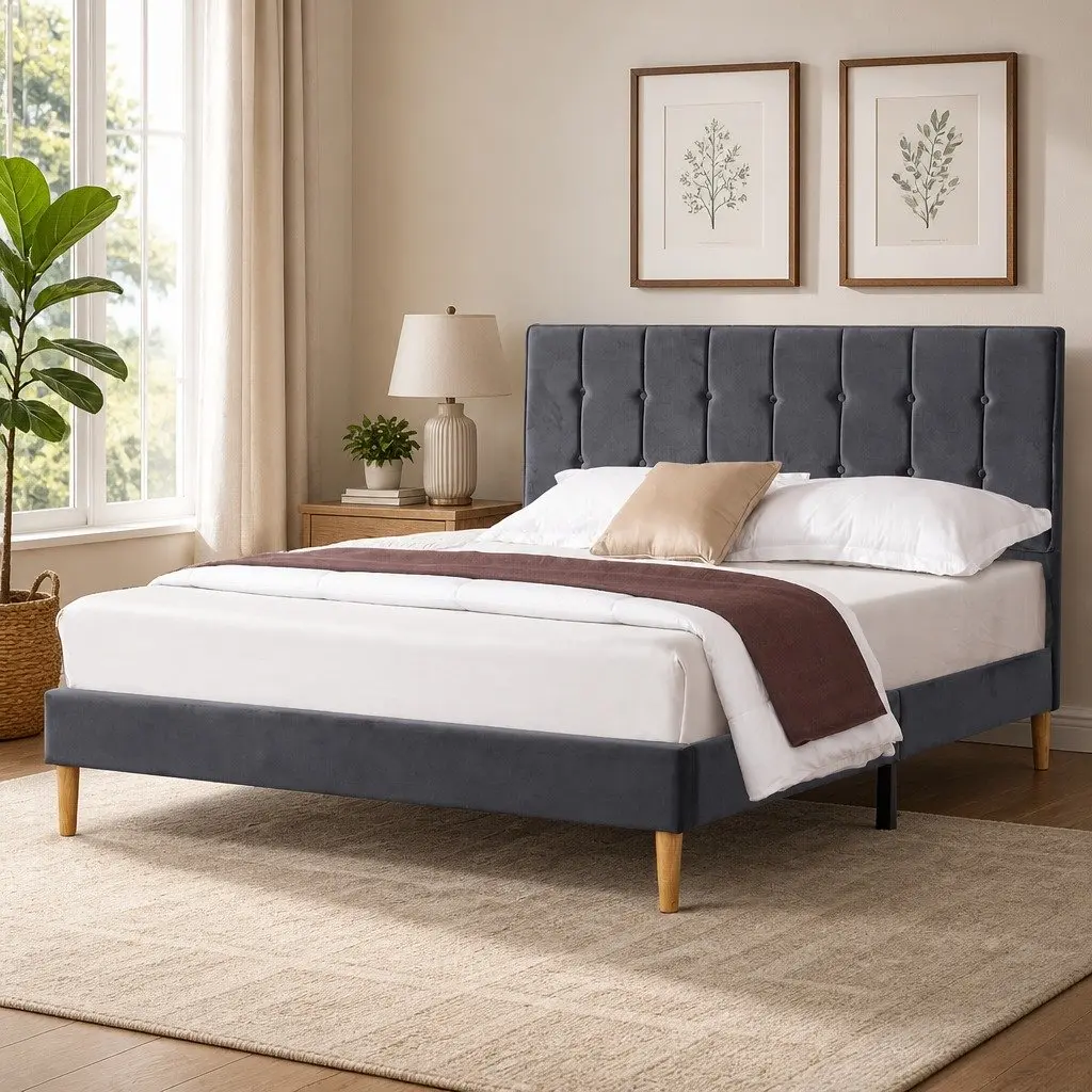 Double Bed Frame with Velvet Headboard