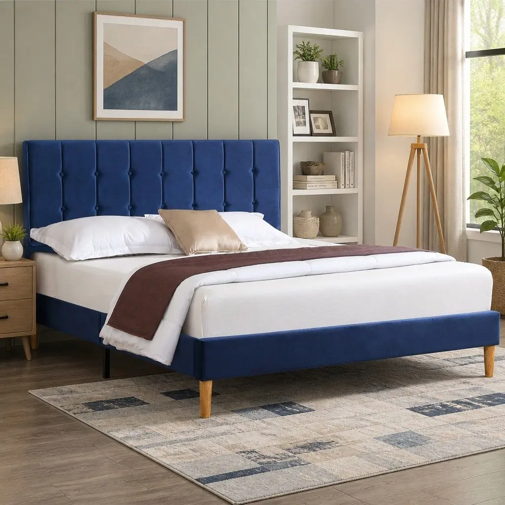 Queen Size Bed Frame with Velvet Padded Headboard Solid Wood Slats Platform