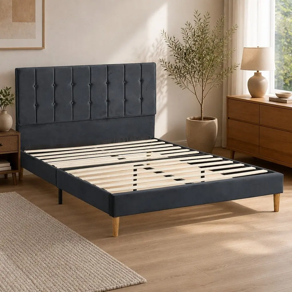 Queen Bed Frame with Velvet Headboard