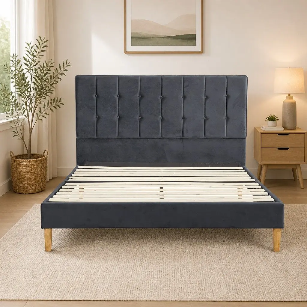 Queen Bed Frame with Velvet Headboard