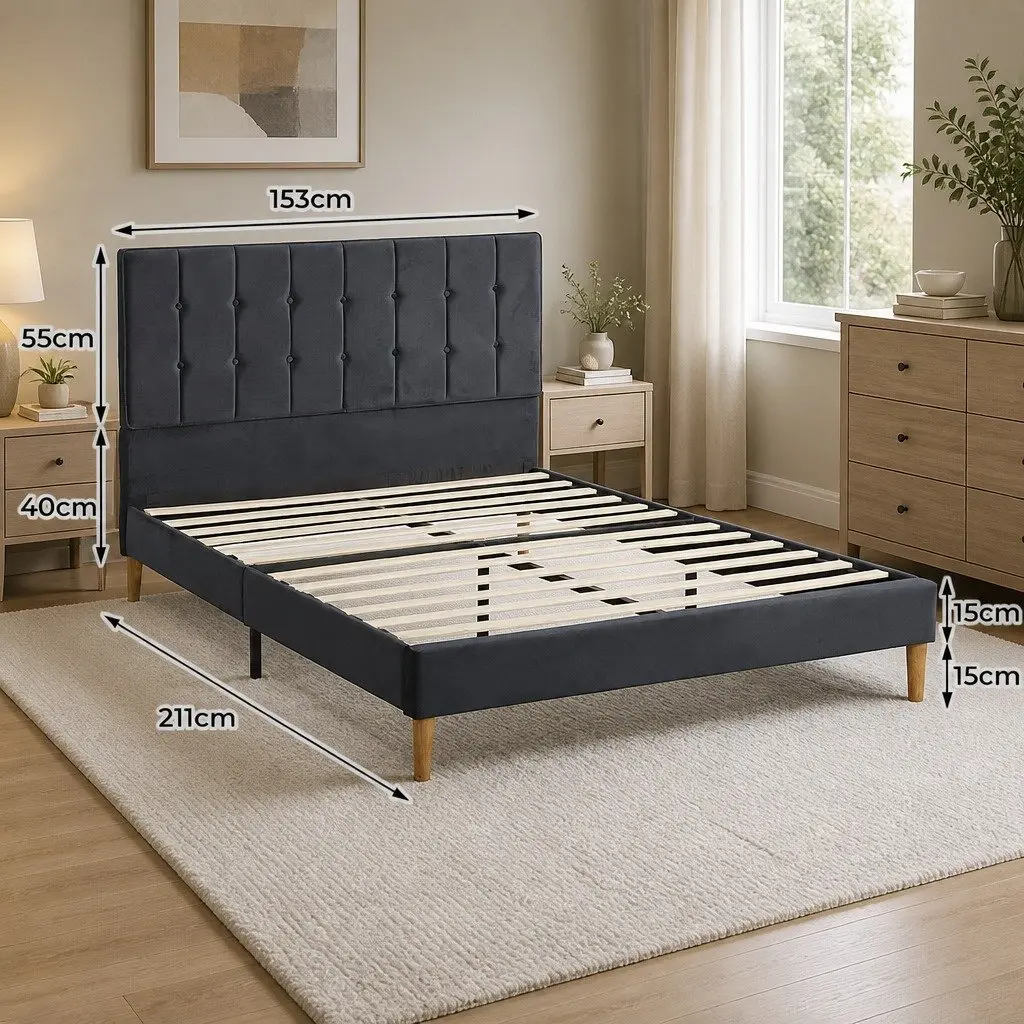 Queen Bed Frame with Velvet Headboard