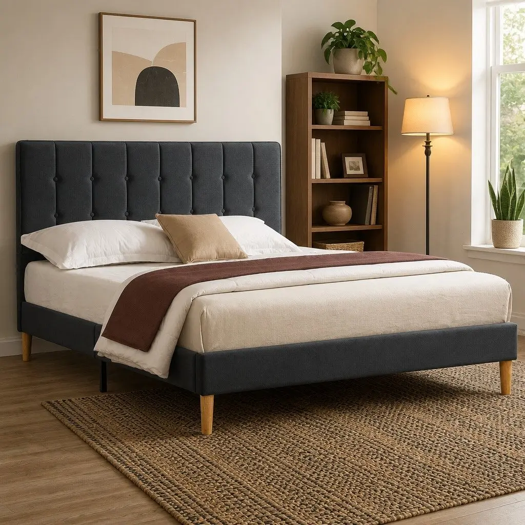 Queen Bed Frame with Velvet Headboard