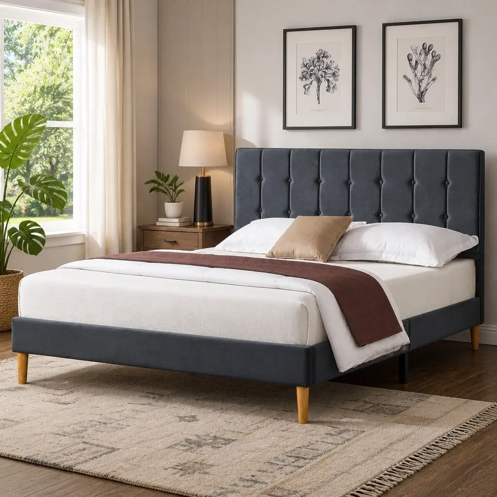 Queen Bed Frame with Velvet Headboard