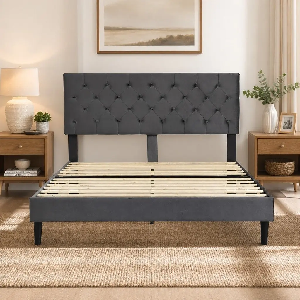Double Bed Frame with Velvet Headboard