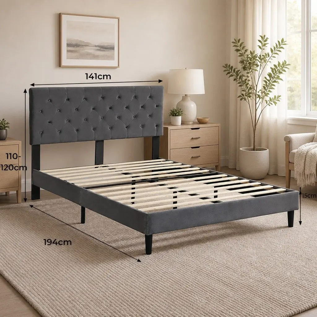 Double Bed Frame with Velvet Headboard