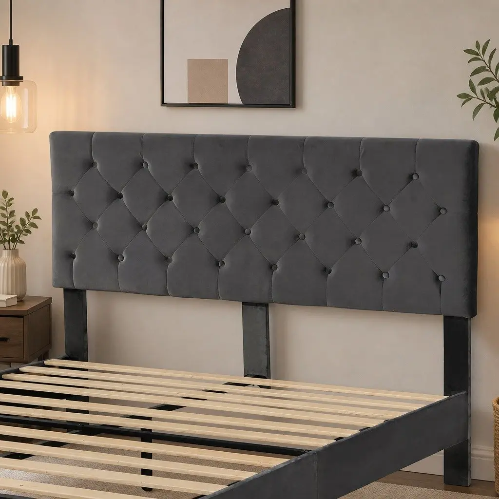Double Bed Frame with Velvet Headboard