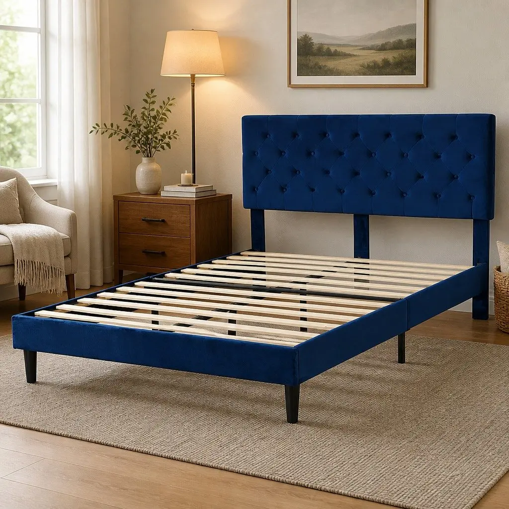 Queen Size Bed Frame with Velvet Headboard Wooden Slat Platform Mattress Base
