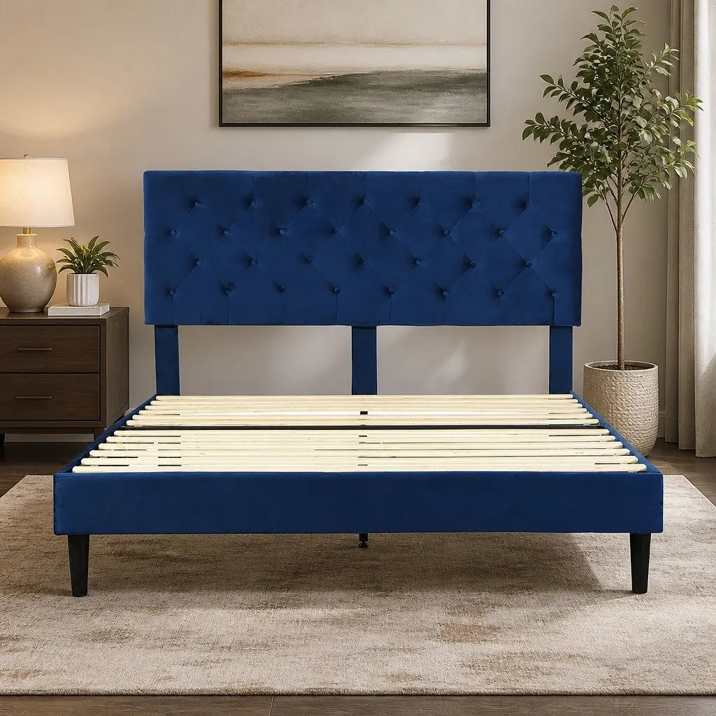 Queen Size Bed Frame with Velvet Headboard Wooden Slat Platform Mattress Base