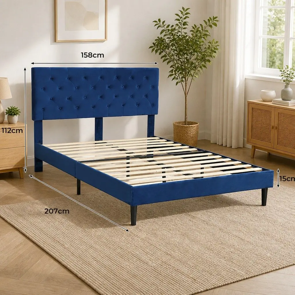 Queen Size Bed Frame with Velvet Headboard Wooden Slat Platform Mattress Base