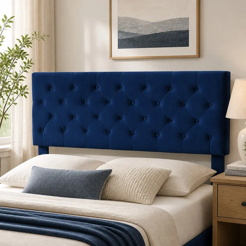 Queen Size Bed Frame with Velvet Headboard Wooden Slat Platform Mattress Base