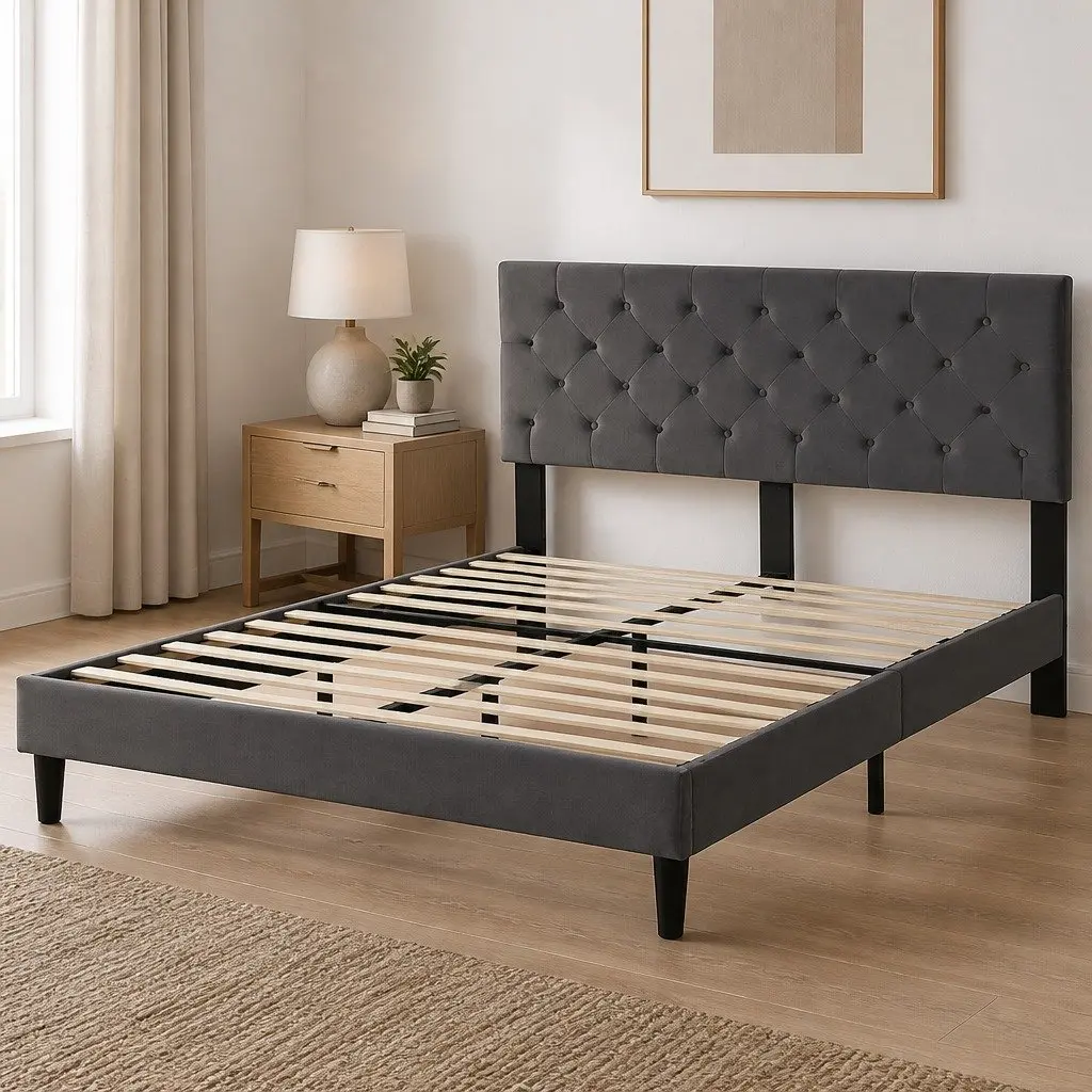 Queen Bed Frame with Velvet Headboard