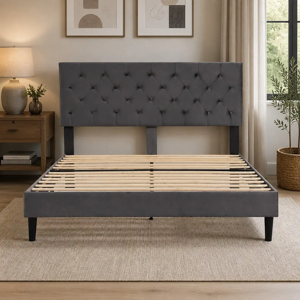 Queen Bed Frame with Velvet Headboard