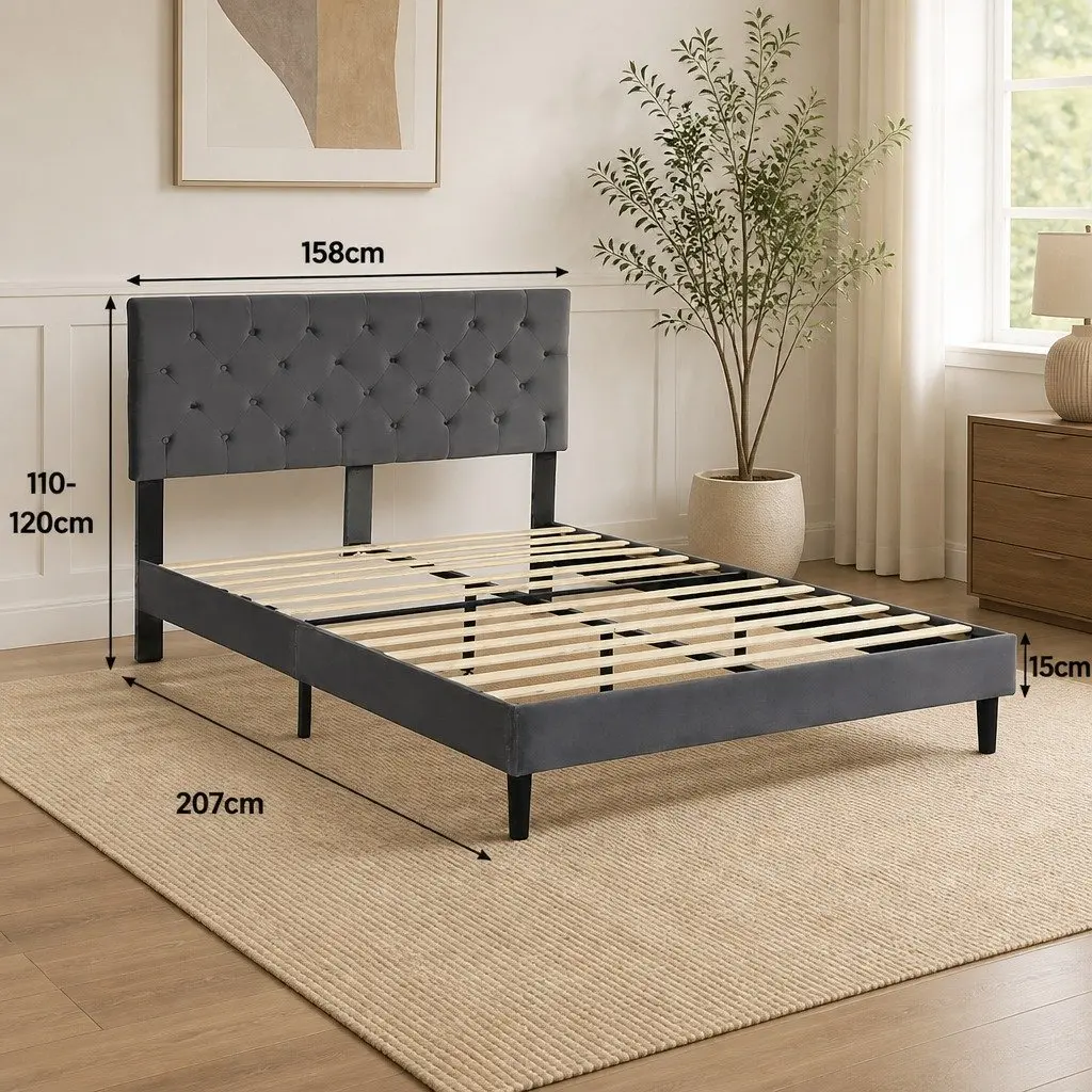 Queen Bed Frame with Velvet Headboard