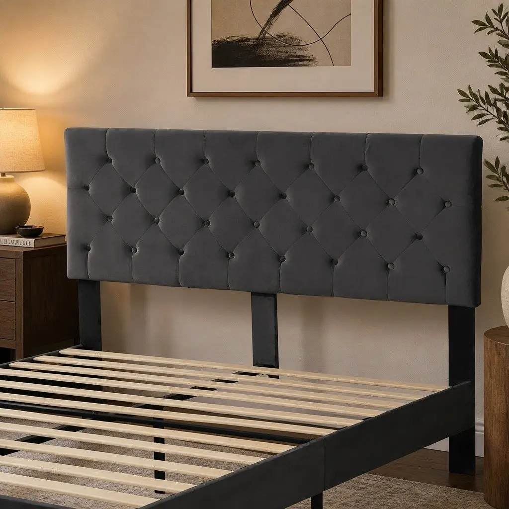 Queen Bed Frame with Velvet Headboard