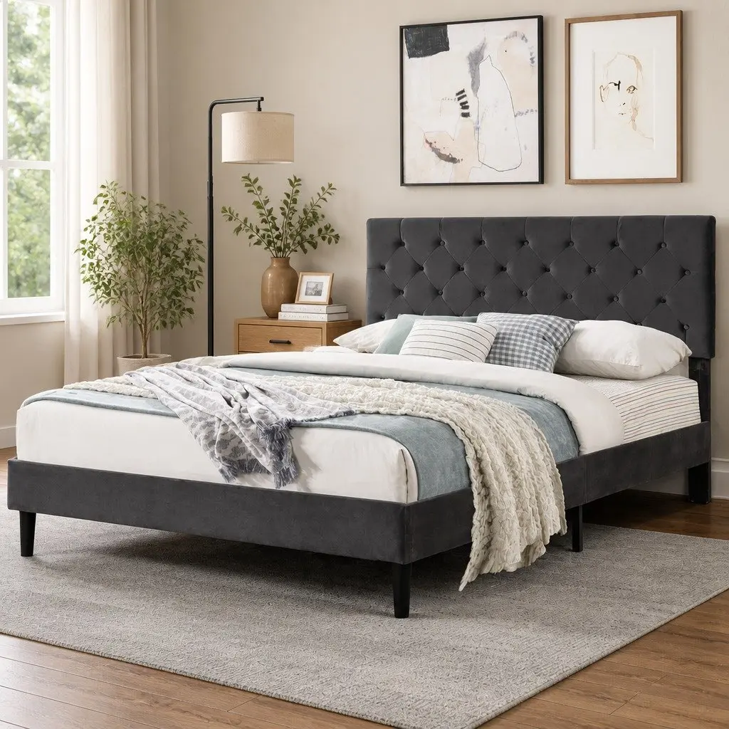 Queen Bed Frame with Velvet Headboard