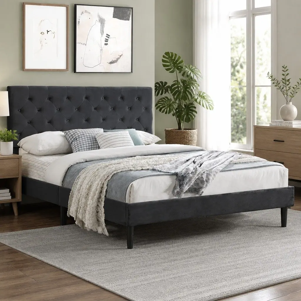 Queen Bed Frame with Velvet Headboard
