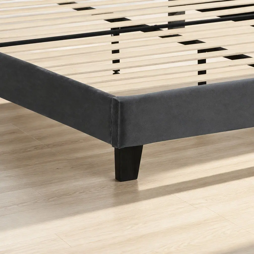 Queen Size Bed Frame Grey Velvet Padded Headboard Wooden Slat Platform Base